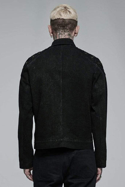 Black Punk Washed Aged Texture Rough Grain Splicing Mesh Metal Buttonholes Zipper Trim Long Sleeve Men's Coat