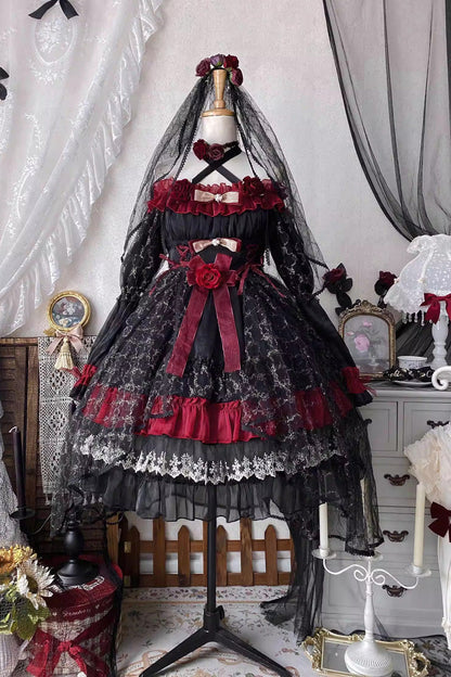 Black/Red [Perlia’s Night] Long Puff Sleeves Ruffled Open-Front Bow Lace Gothic Lolita Dress