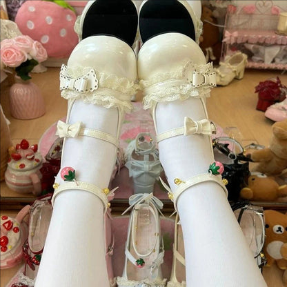 Round Toe Bow Lace Trim Mid Heel Lolita Mary Jane Shoes with Ankle Bells 6 Colors