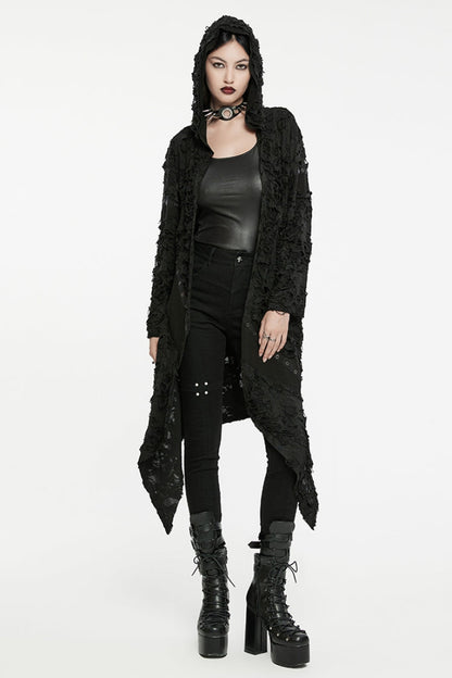 Black Ruffle Hooded Ripped Asymmetric Women's Punk Long Coat
