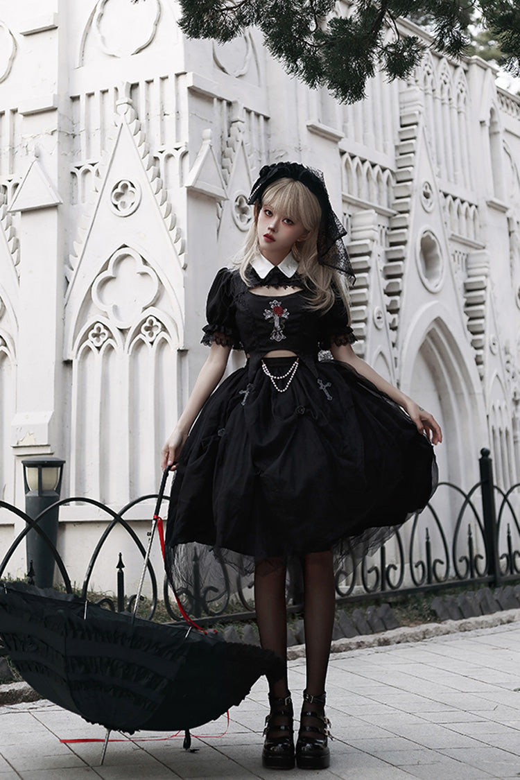 Black Rose Embroidered Cutout Top Irregular Short Sleeves Gothic Lolita Dress Set