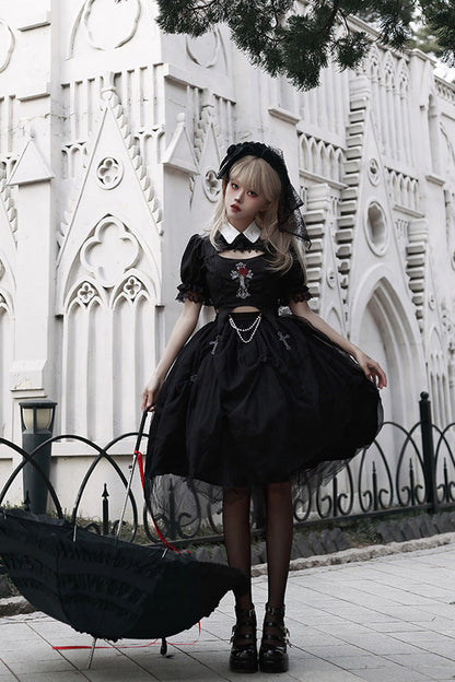 Black Rose Embroidered Cutout Top Irregular Short Sleeves Gothic Lolita Dress Set