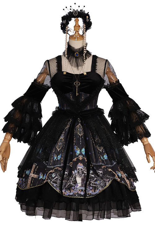 Black Square Collar Cemetery Butterfly Skull Print Lace Lantern Sleeves Multi-Layer Ruffled Gothic Lolita OP Dress