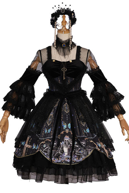 Black Square Collar Cemetery Butterfly Skull Print Lace Lantern Sleeves Multi-Layer Ruffled Gothic Lolita OP Dress
