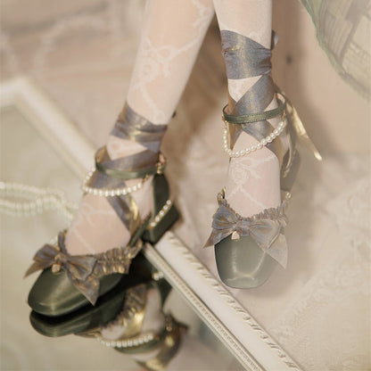 Romance Bowknot Lace Pearl Sweet Elegant Lolita Shoes 4 Colors