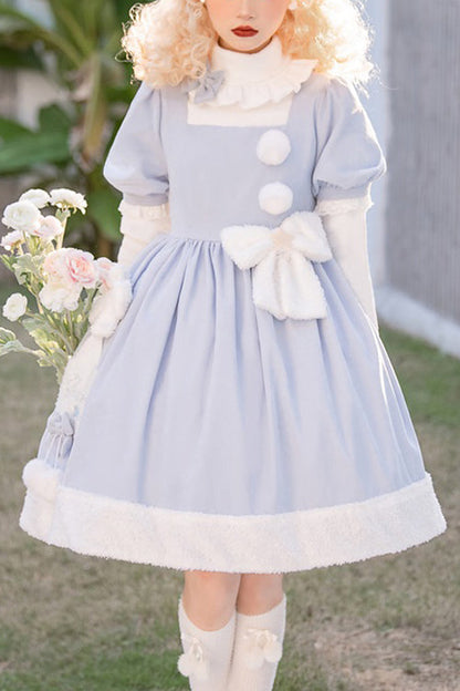 Blue Square Collar Short Sleeves Waist Bow Winter Star Sweet Lolita Dress