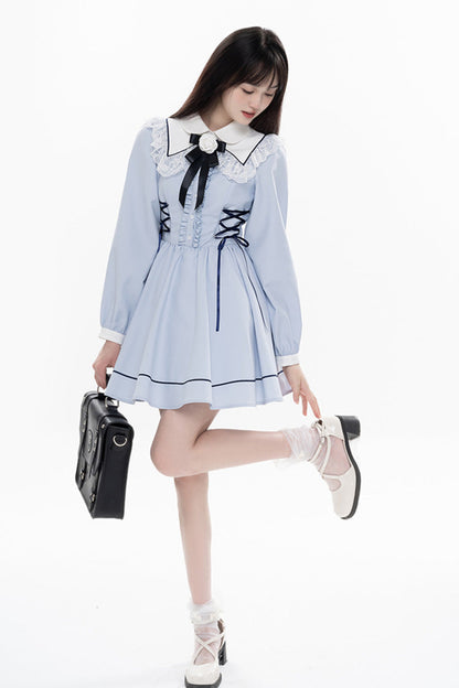 Blue Lapel Collar Long Sleeves Bowknot Lace-Up Jirai Kei Dress