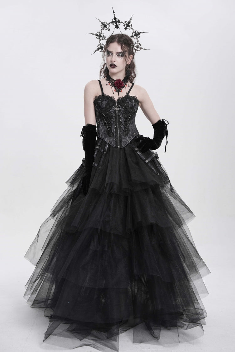 Black Sleeveless Embroidery Lace Chain Women's Gothic Vest