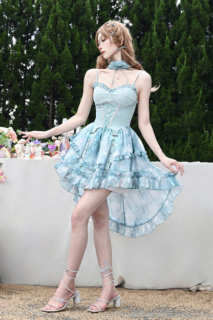 Blue [Mirrorless Dream] Double-Layered Tie-dyed Print Ruffle Bowknot Lace Train Sweet Lolita Jsk Dress