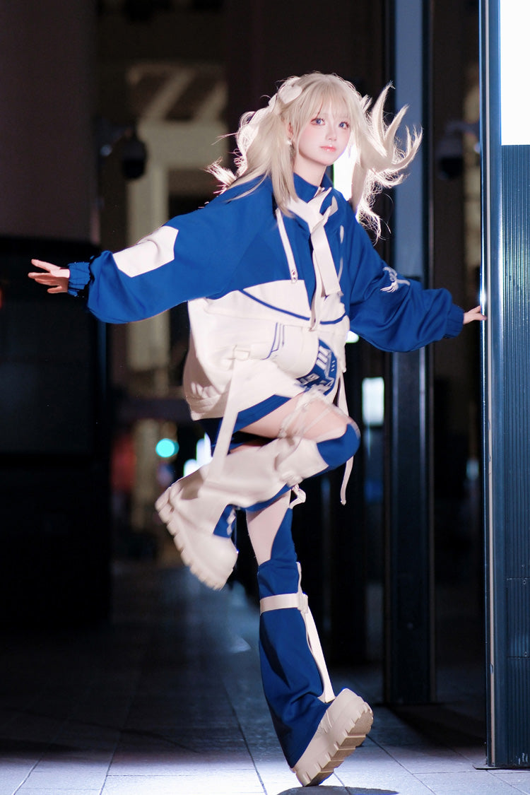 White/Blue [Zero-Type Transformation] Techwear Long Sleeves Embroidered Hooded Punk Jirai Kei Shorts Coat Set
