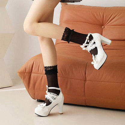 Sweet Ruffled Bow Lace Pearl-Decorated Lolita High Heels 6 Colors
