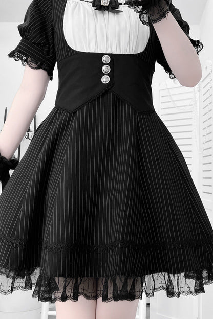 Black/White Short Sleeves Stripe Print Ruffle Bowknot Cross Waist Maid Sweet Japanese Lolita Dress Set