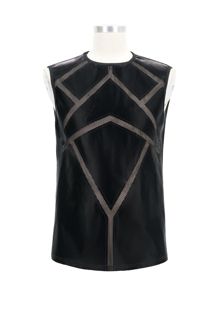 Black Shiny Knits Splice Armor Modeling Mesh Men's Punk Vest