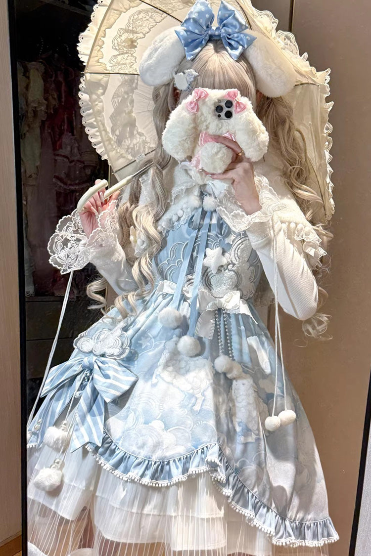Blue [Cloud Dreamland] Cut-Out Embroidered Bow Lace Asymmetric Sweet Elegant Lolita Jsk Dress Set