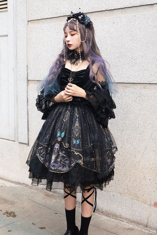 Black Square Collar Cemetery Butterfly Skull Print Lace Lantern Sleeves Multi-Layer Ruffled Gothic Lolita OP Dress