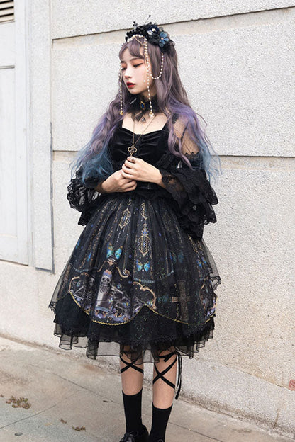 Black Square Collar Cemetery Butterfly Skull Print Lace Lantern Sleeves Multi-Layer Ruffled Gothic Lolita OP Dress