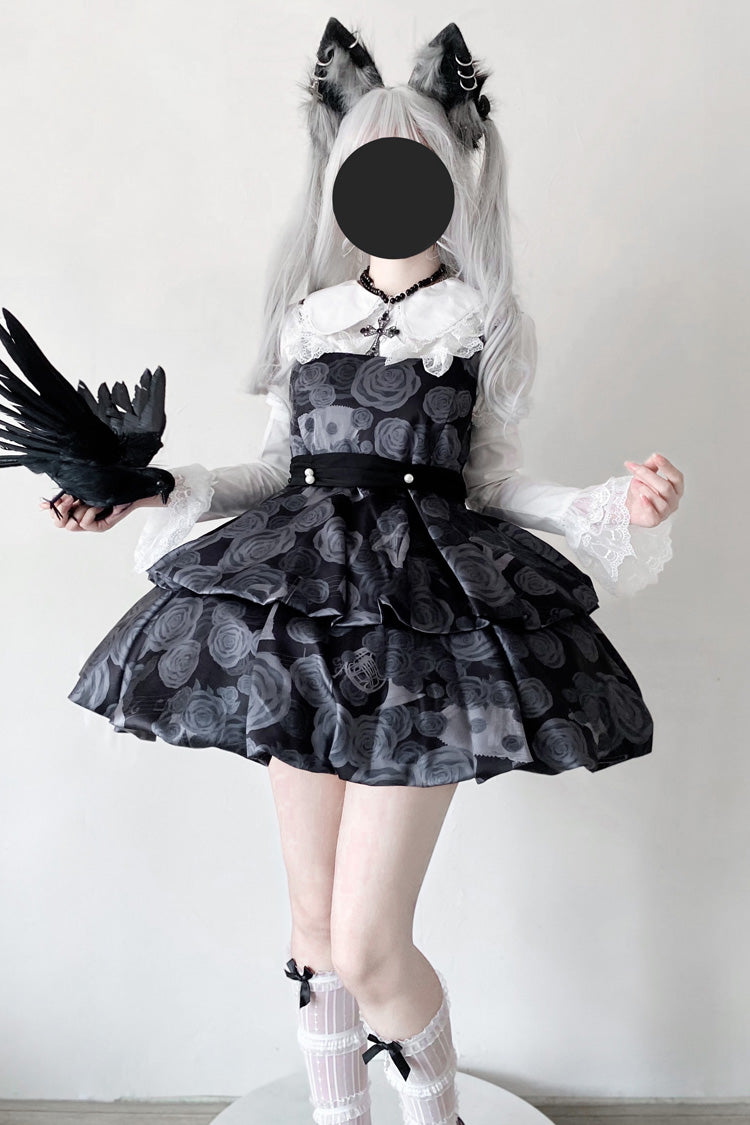 Black Rose Print Two-layer Bowknot Gothic Lolita Jsk Dress