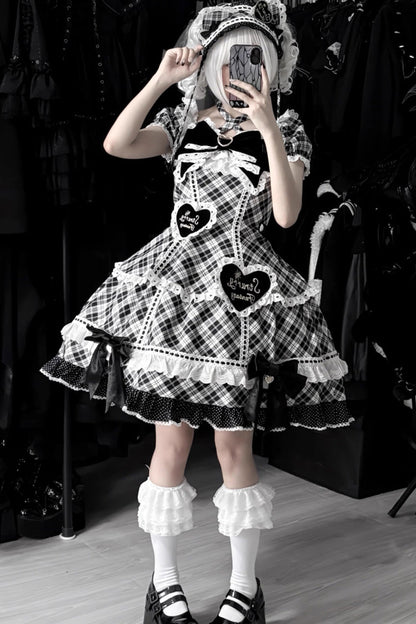 Black/White [Shibuya Sweetheart] Short Sleeves Plaid Print Ruffle Bowknot Sweet Lolita OP Dress (Plus Size Support)