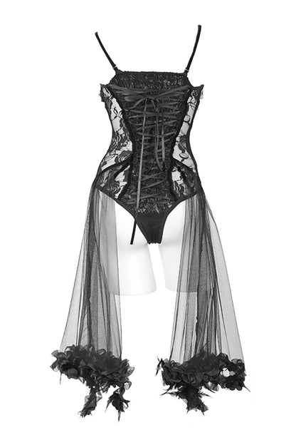 Black Translucent Rose Lace Mesh Hem Sling Women's Gothic Jumpsuit