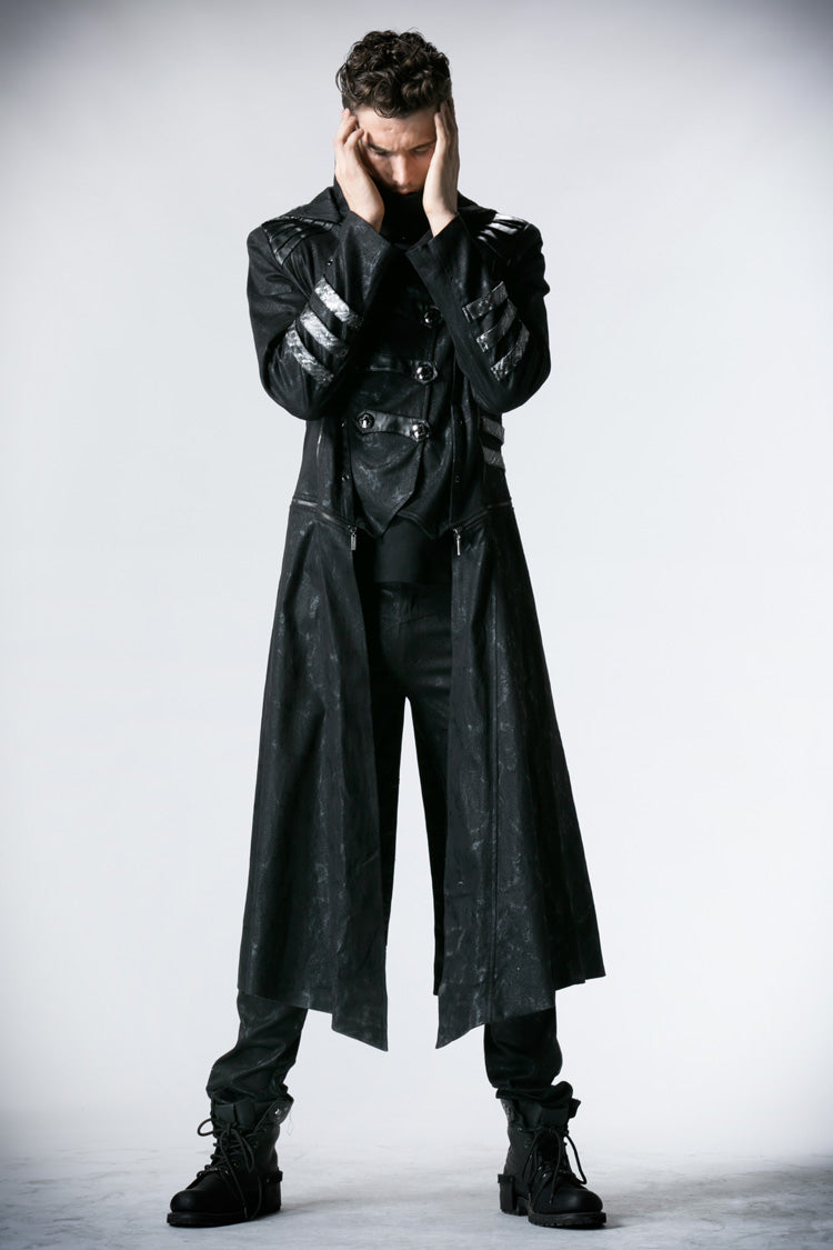 Black Stand Collar Metal Buckle Long Sleeves Mens Steampunk Coat