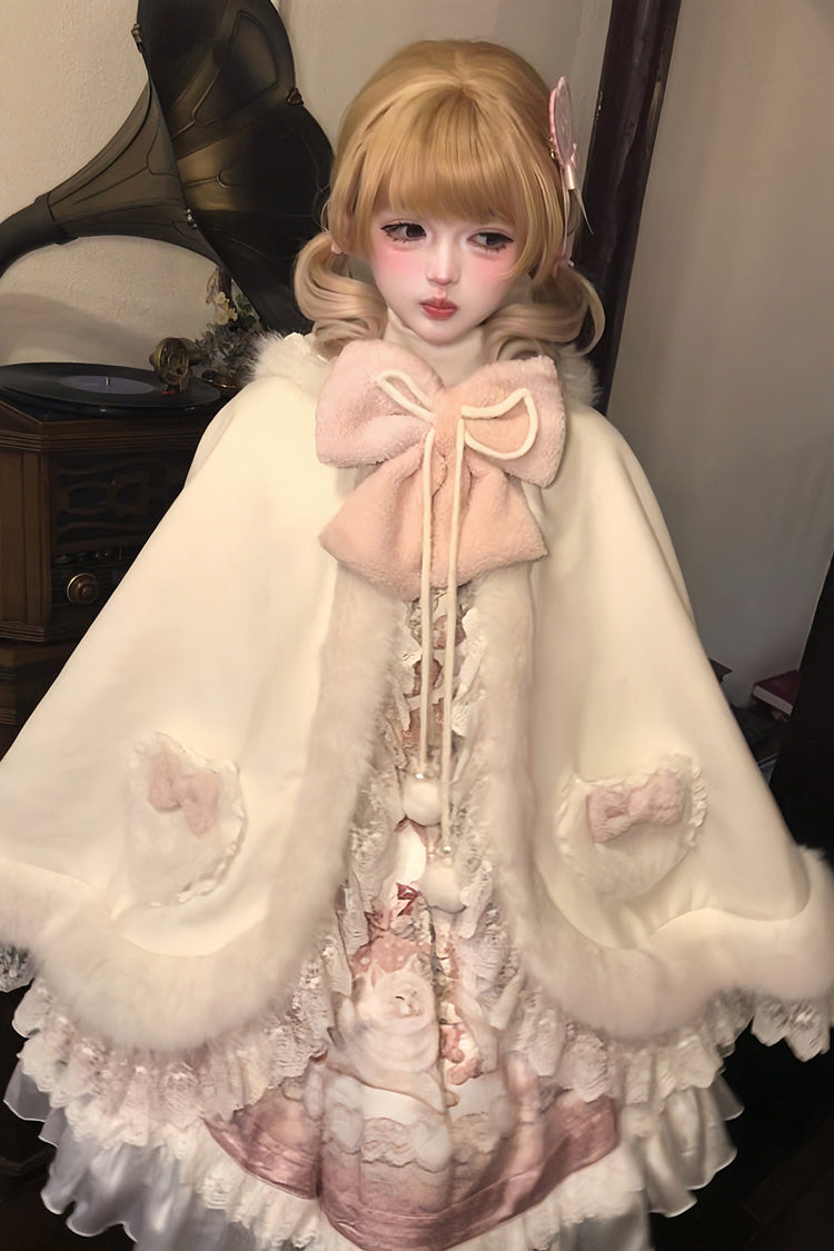 Ivory Cloud-Like Plush Bunny Ear Embroidered Bow Lace Sweet Lolita Cape Coat