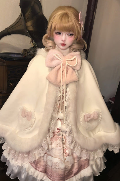 Ivory Cloud-Like Plush Bunny Ear Embroidered Bow Lace Sweet Lolita Cape Coat