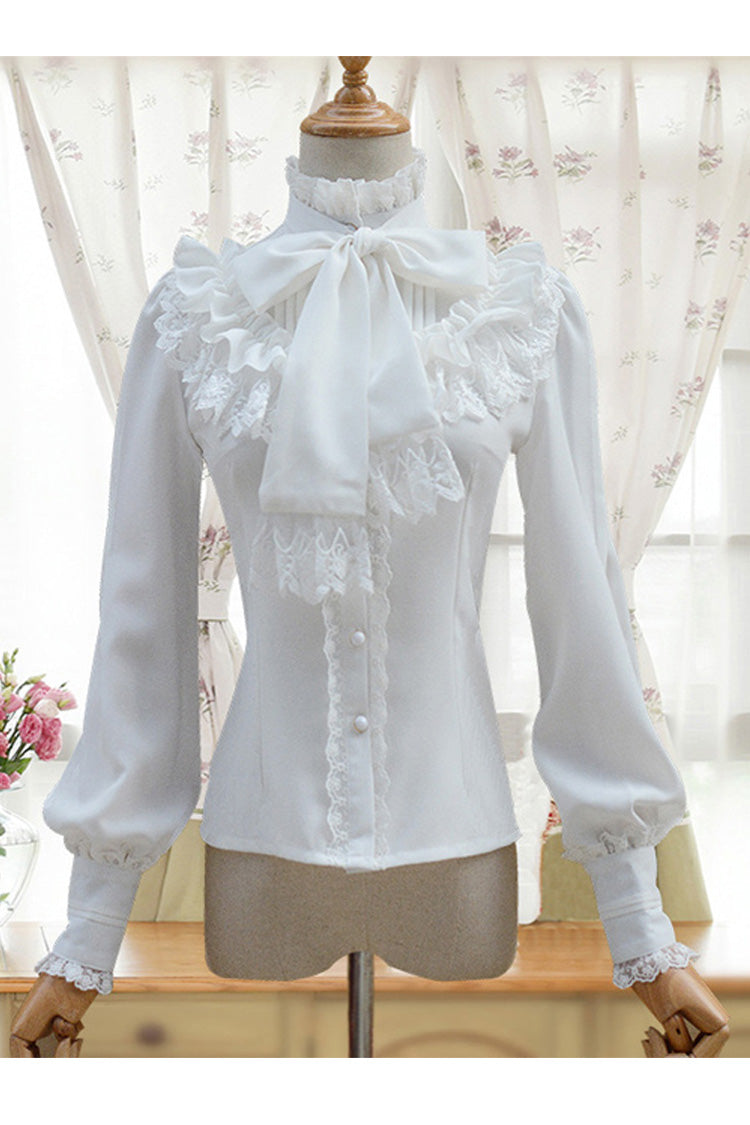 Solid Color Lantern Sleeves Stand Collar Bowknot Tie Classic Lolita Blouse 4 Colors
