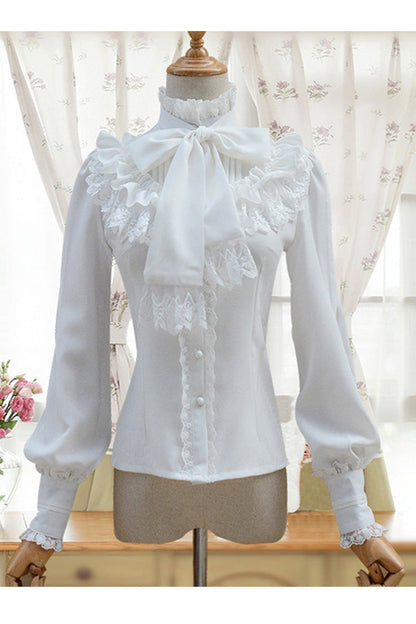 Solid Color Lantern Sleeves Stand Collar Bowknot Tie Classic Lolita Blouse 4 Colors
