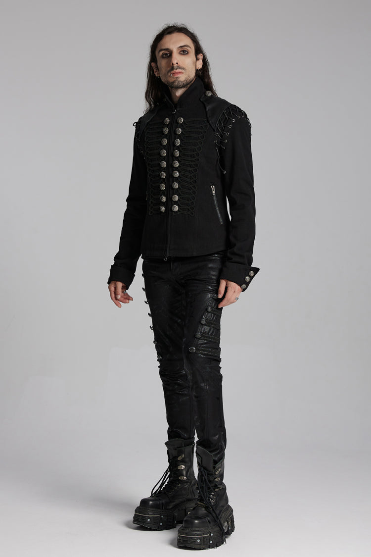 Black/Silver Stand Collar Long Sleeves Lace-Up Buttons Men's Punk Jacket