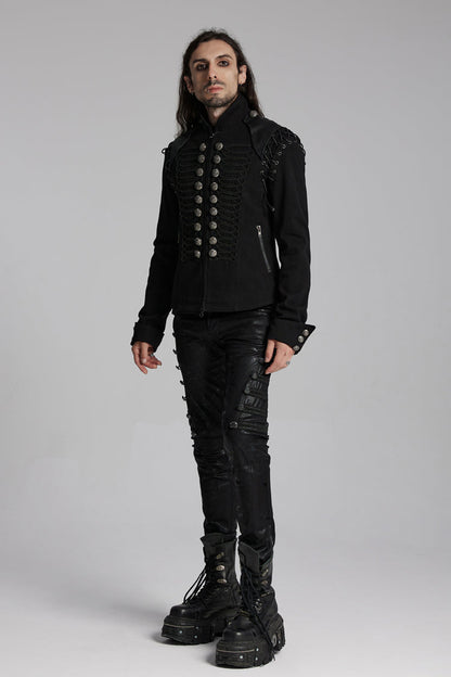 Black/Silver Stand Collar Long Sleeves Lace-Up Buttons Men's Punk Jacket