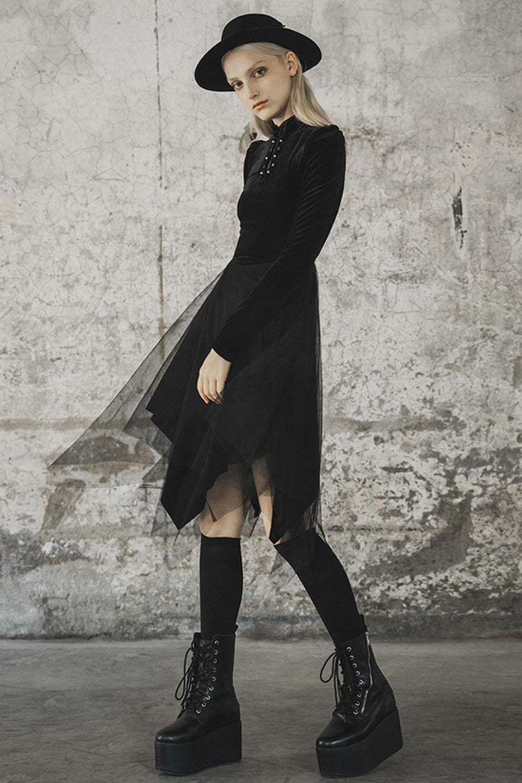Black Velvet Mesh Stitching Elastic Women's Gothic Dress