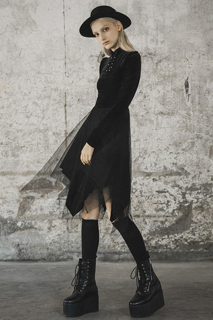 Black Velvet Mesh Stitching Elastic Women's Gothic Dress