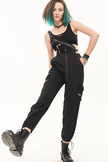Black Punk Casual Single Shoulder Multiple Pockets Skull Head Decoration Strap Women's Pants