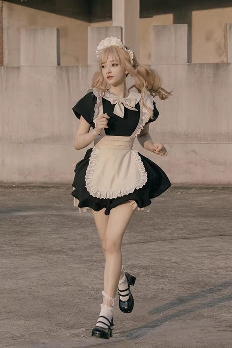 Black/White Round Collar Short Sleeves Ruffled Bow Sweet Elegant Lolita Maid Dress 2 Versions