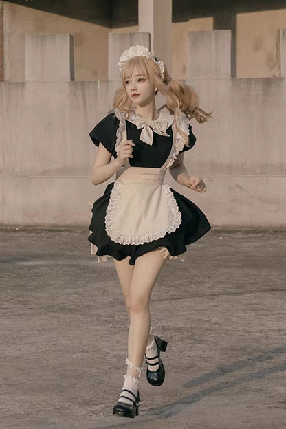 Black/White Round Collar Short Sleeves Ruffled Bow Sweet Elegant Lolita Maid Dress 2 Versions