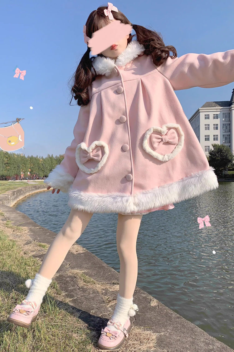 Pink Woolen Rabbit Ears Single-breasted Bowknot Sweet Princess Lolita Coat