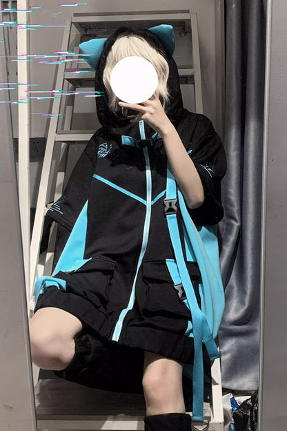 Black/Blue Chip Hacker Cyberpunk Functional Print Hooded Jirai Kei Japanese Sports Coat