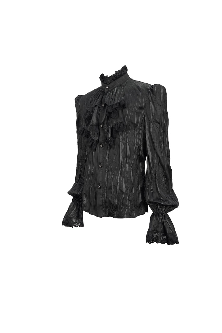 Black Vintage Stand Collar Striped Collar Floral Lace Men's Gothic Shirt