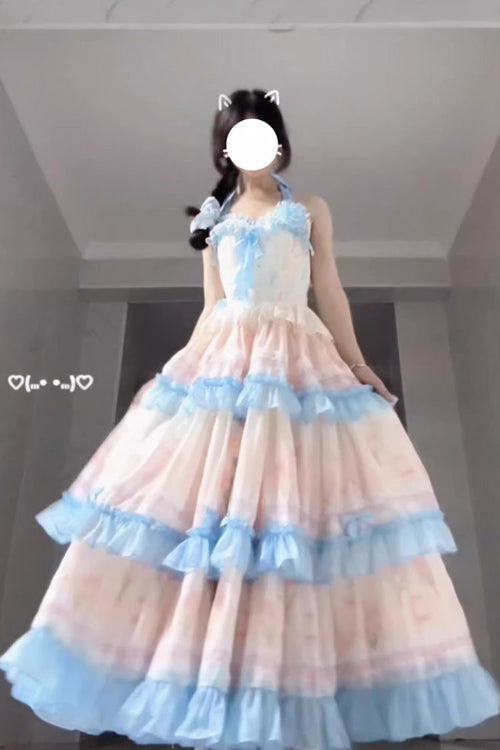 Blue/Pink [Meet the Sea] Triple-Layered Print Backless Ruffle Sweet Lolita Dress