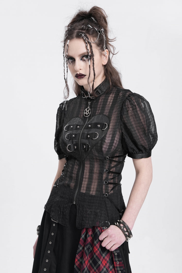 Black Stand Collar Short Puff Sleeves Sheer Mesh Women's Gothic Blouse