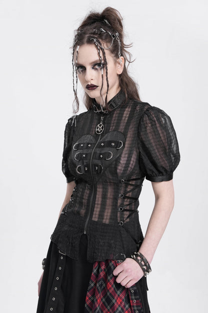 Black Stand Collar Short Puff Sleeves Sheer Mesh Women's Gothic Blouse