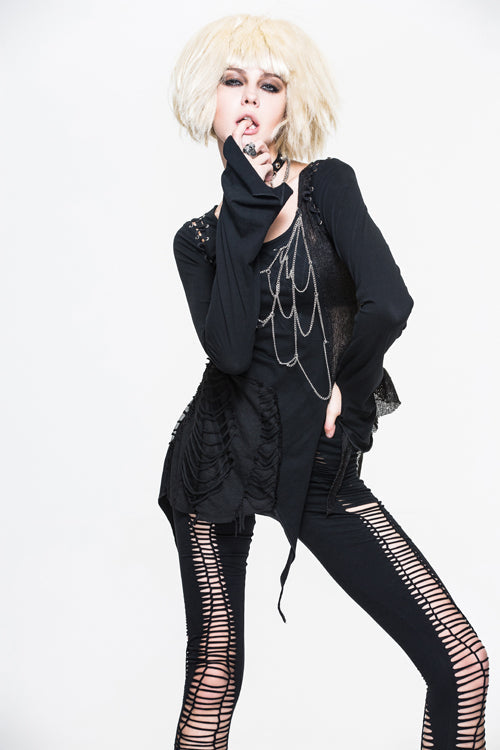 Black Sexy Asymmetrically Broken Holes Spiderweb Shape Chains Women Punk T-Shirt