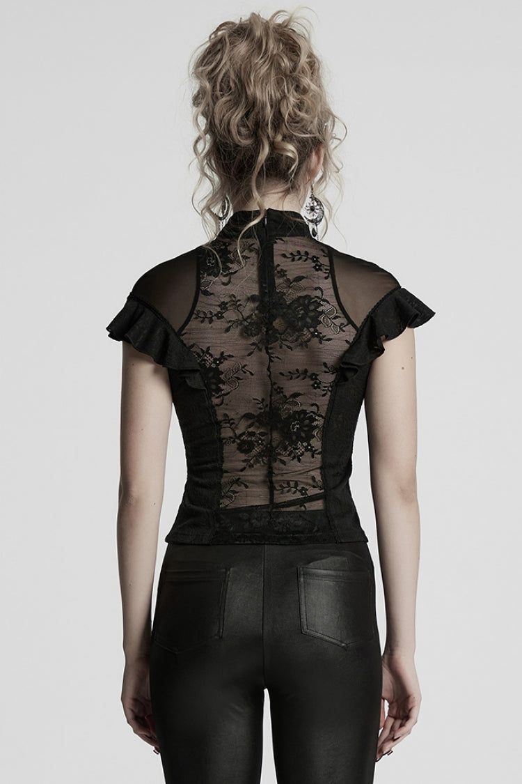 Black Stand Collar Short Sleeves Ruffle Hollow Embroidery Lace Sheer Women's Gothic Blouse