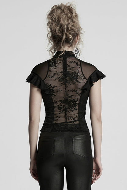 Black Stand Collar Short Sleeves Ruffle Hollow Embroidery Lace Sheer Women's Gothic Blouse