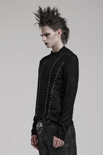 Black Round Collar Long Sleeves Jacquard Symmetrical Rope Mens Gothic T-Shirt