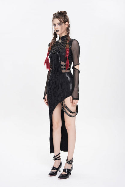 Black Stand Collar Long Sleeves Stitching Lace-Up Mesh Women's Punk Dress with Detachable Strap
