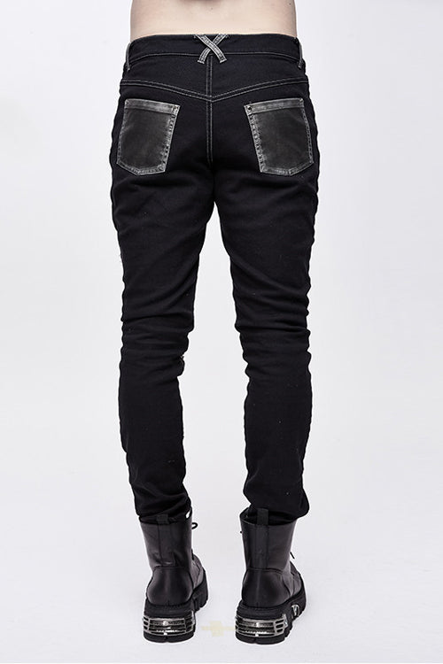 Black With Silver Punk Hand Rubbed Leather With Loops Mens Pants