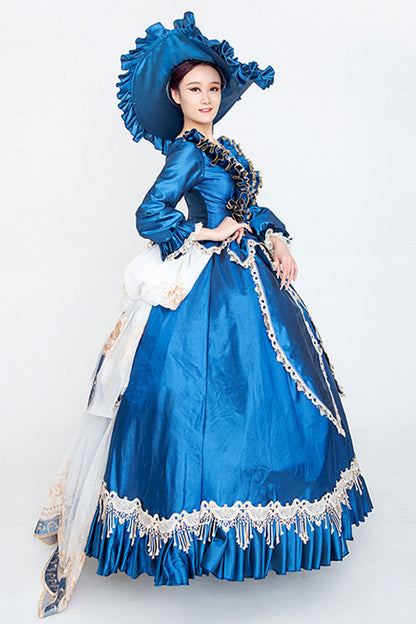 Blue Long Sleeves High Waisted Trailing Ruffled Victorian Lolita Prom Dress