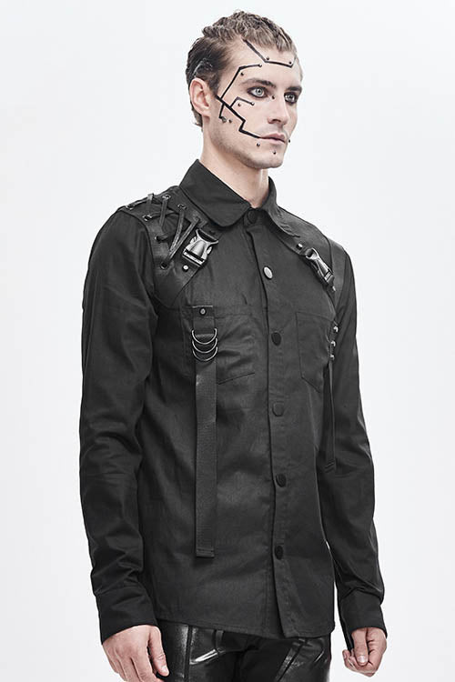 Black Straps Long Sleeves Mens Punk Blouse