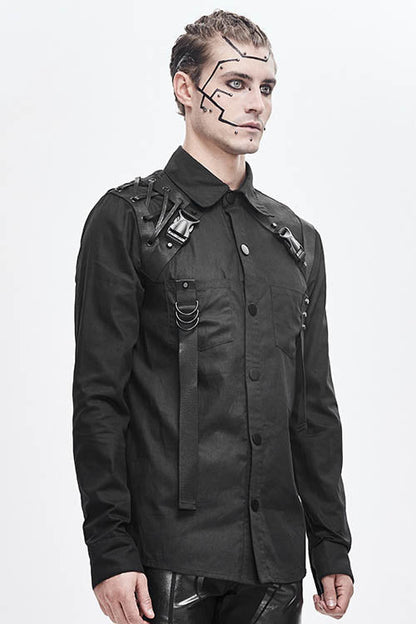 Black Straps Long Sleeves Mens Punk Blouse